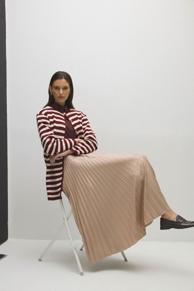 Touche Prive Claret Red Casual Striped Buttoned Cardigan Wholesale Clothing Work