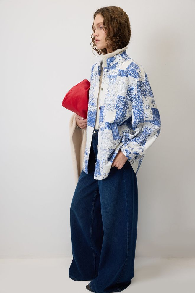 Touche Prive Плава Оверсизед Патцхворк Мајица Јакна Велепродаја одеће Неформалан