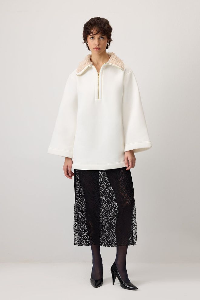 Touche Prive Beyaz Zarif Gündelik Sweatshirt Toptan Giyim Gündelik