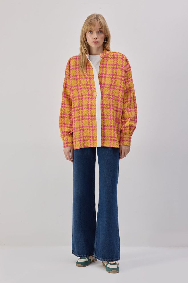 Touche Prive Chemise Jaune À Carreaux Décontractée Col Grand père Vêtements en gros Décontracté