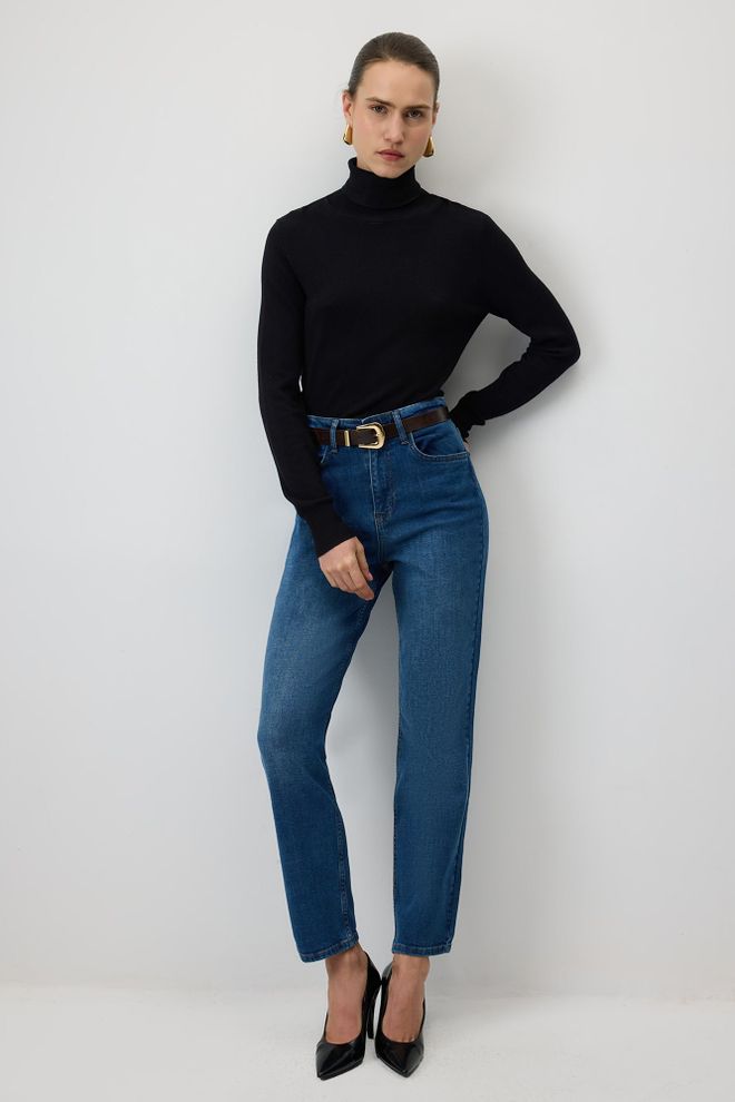 Touche Prive Blue Mom Pants With High Waist & Straight Leg Wholesale Clothing 1