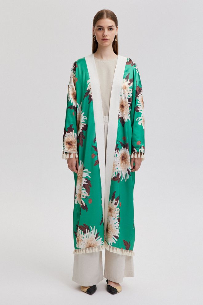 Touche Prive Zeleno Etnično Elegantno Kimono Z Rožnim Vzorcem Oblačila na debelo Skromno