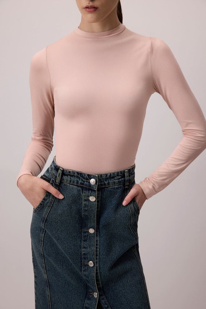 Touche Prive Pink Fitted Bodysuit With High Neck And Long Straight Sleeves Wholesale Clothing Lounge