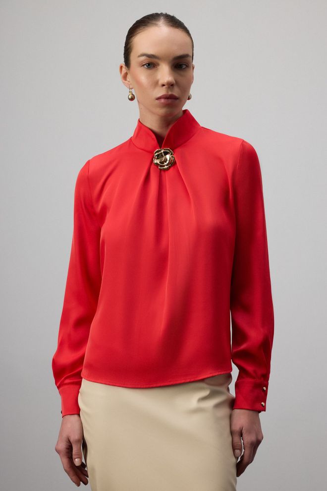 Touche Prive Kırmızı Zarif Resmi Nostaljik Bluz Toptan Giyim Tesettür