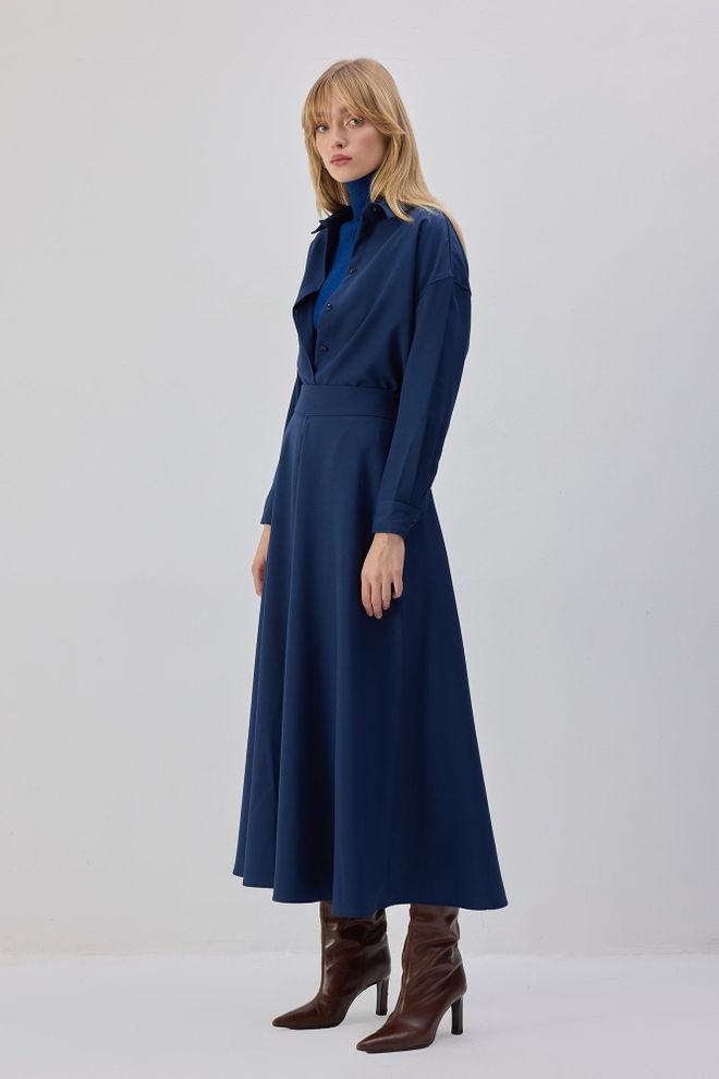 Touche Prive Lacivert Zarif Flared Maksi Etek Toptan Giyim Tesettür