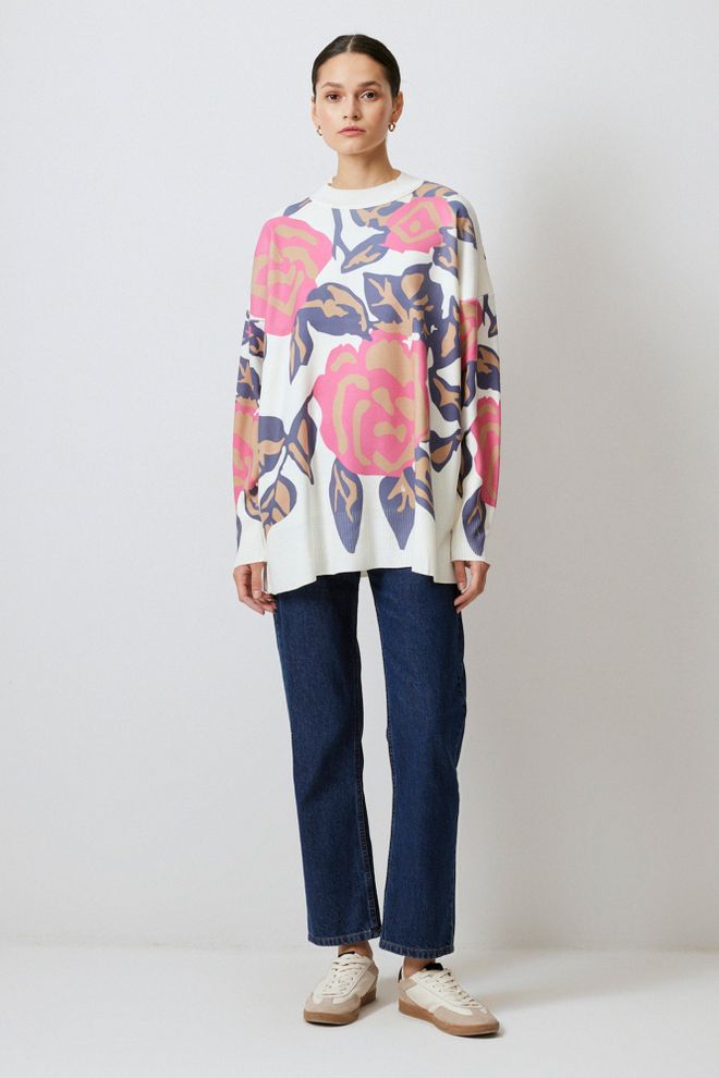 Touche Prive Rosa Floral Oversized Fit Pullover Großhandelskleidung Lässig