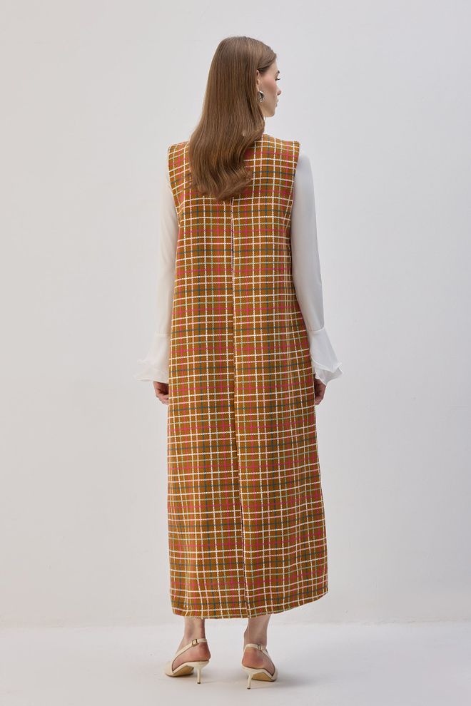 Touche Prive Haki Damalı Zarif Midi Düz Elbise Polo Yaka Ve Uzun Düz Kollar Toptan Giyim Tesettür