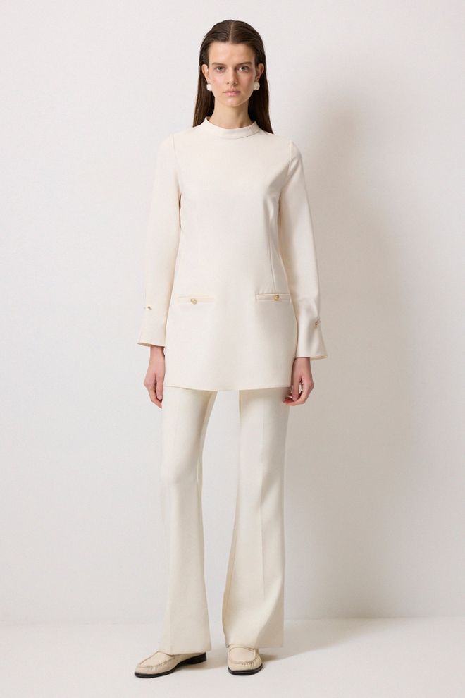 Touche Prive Элегантная Бежевая Туника Slim Fit На Пуговицах Оптовая продажа одежды Скромный