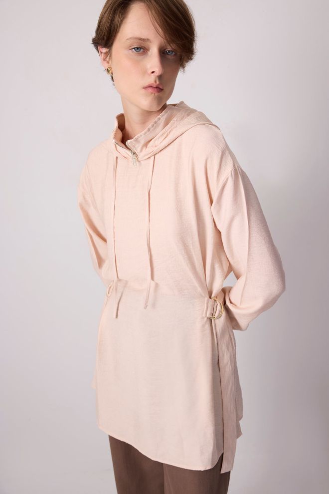 Touche Prive Bej Fermuarlı Kapüşonlu Günlük Tunik Toptan Giyim Tesettür