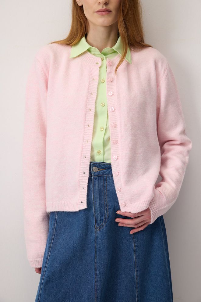 Touche Prive Pink Buttoned Cardigan With Round Neck Wholesale Clothing Casual