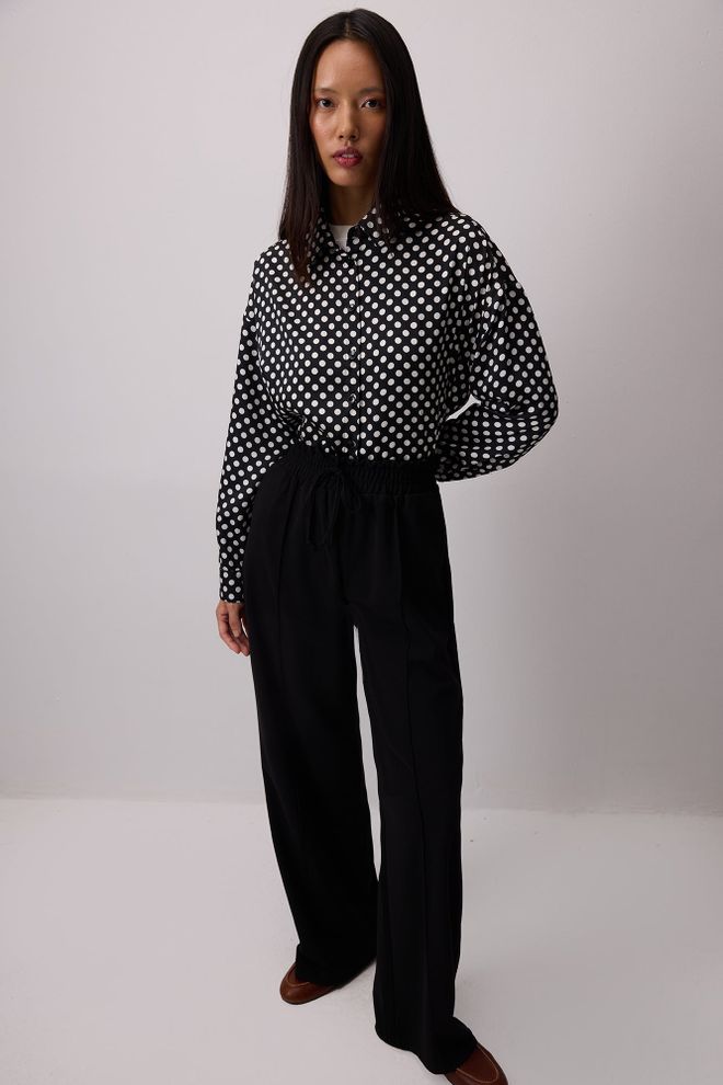 Touche Prive Yüksek Bel İp Büzgülü Siyah Palazzo Pantolon Toptan Giyim Gündelik