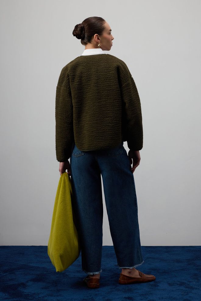 Touche Prive Yeşil Oversize Peluş Ceket Yuvarlak Yaka Toptan Giyim Gündelik