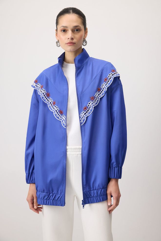 Touche Prive Blue Casual Oversized Zip Up Raincoat With Hood Wholesale Clothing Spring