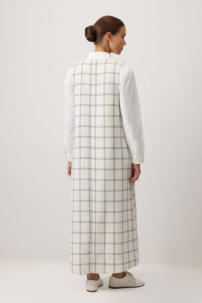 Touche Prive Bijela Karirana Ravna Haljina Bez Rukava S V izrezom Veleprodaja odjeće Skroman