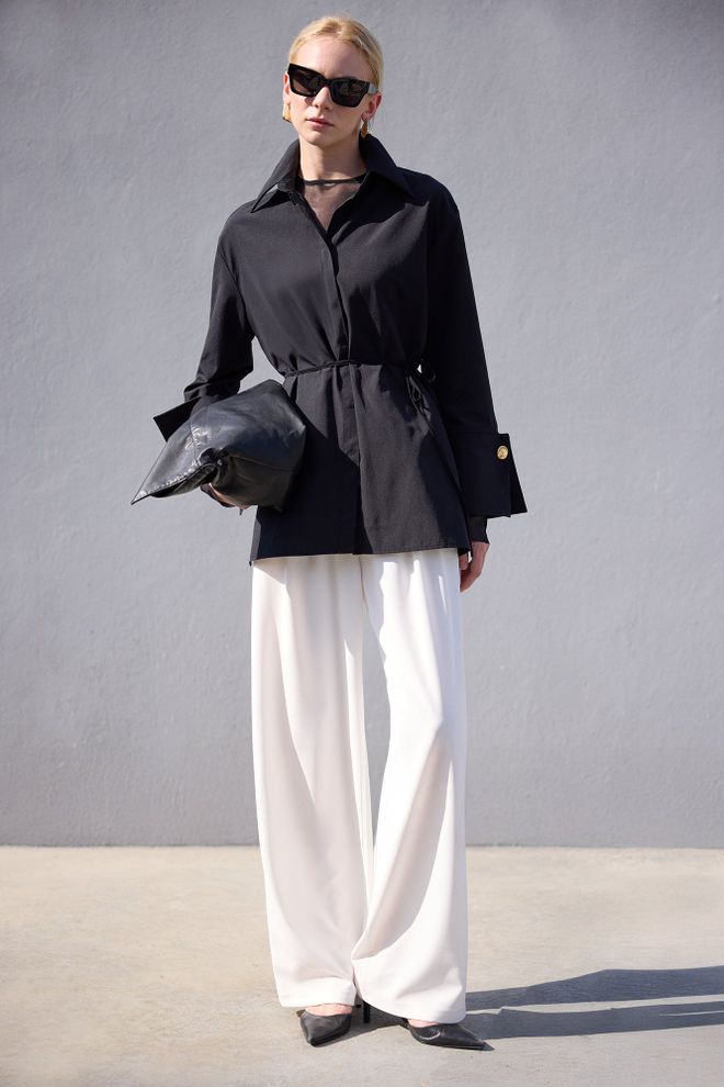 Touche Prive Čierna Formálna Oversize Košeľa S Vrúbkovaným Golierom Veľkoobchod s oblečením Jar