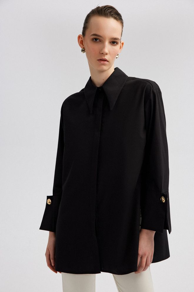 Touche Prive Čierna Formálna Oversize Košeľa S Vrúbkovaným Golierom Veľkoobchod s oblečením Elegantný