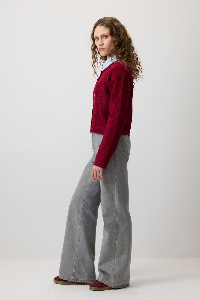 Touche Prive Casaco De Malha Vermelho Clarete Com Padrão Xadrez Roupas por atacado Casual