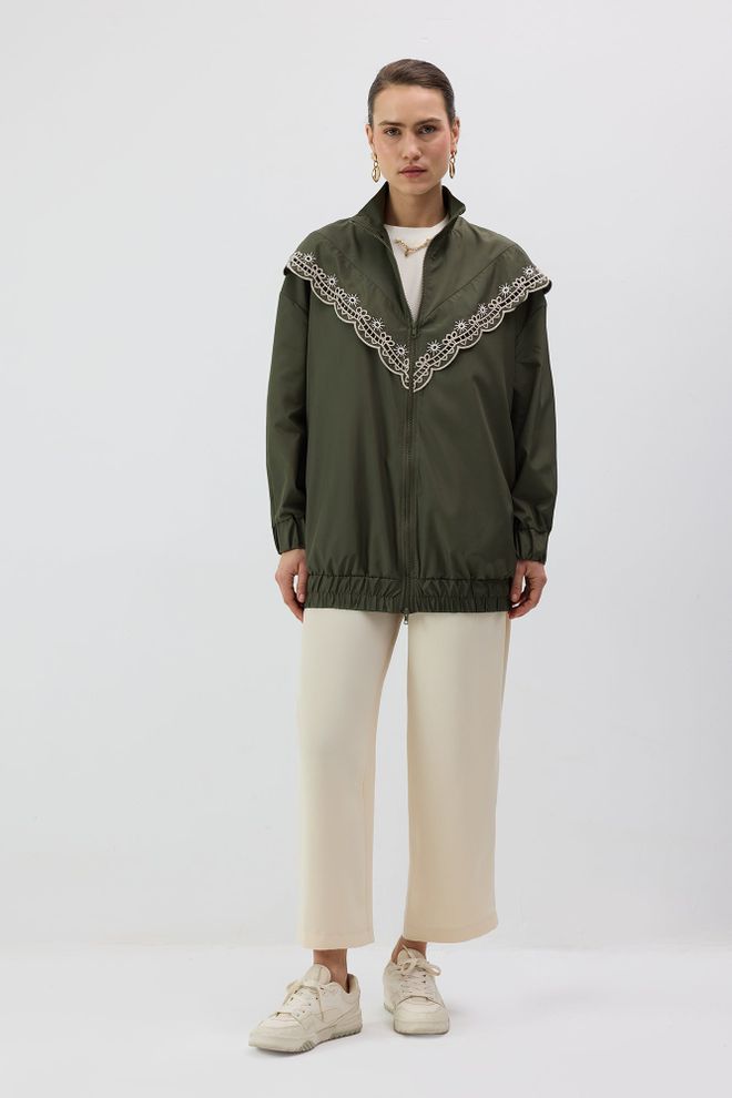 Touche Prive Zelený Pršiplášť Voľný Strih So Zipsom A Kapucňou Shacket Veľkoobchod s oblečením Skromný