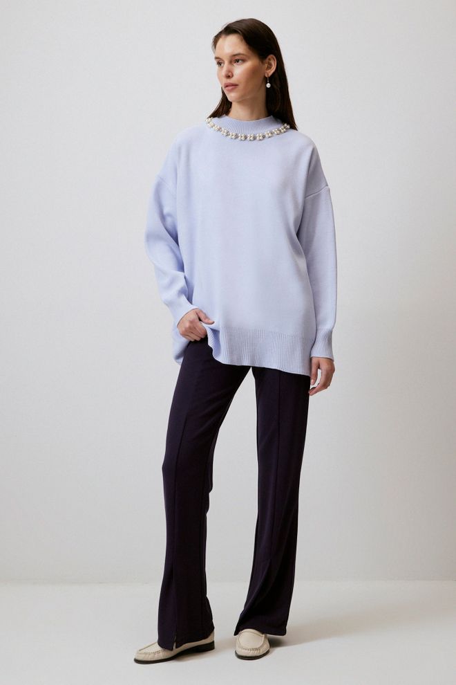 Touche Prive Blue Oversized Fit Sweater With High Neck Wholesale Clothing Spring