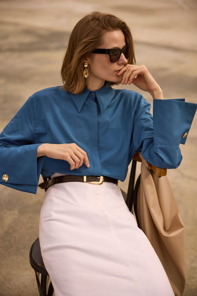 Touche Prive Modrá Košeľa S Polo Golierom A Oversized Zapínanie Na Gombíky Veľkoobchod s oblečením Jeseň