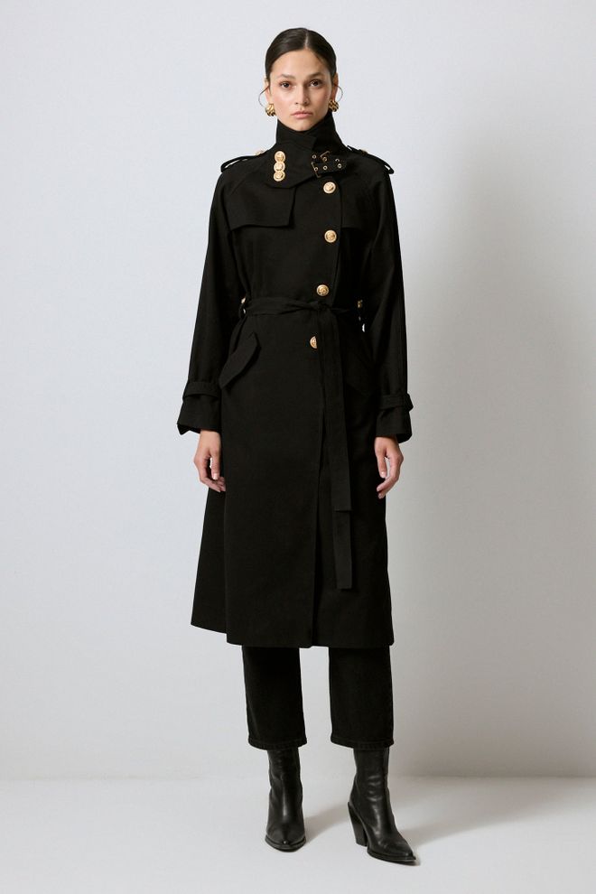 Touche Prive Nero Trench Elegante Monopetto Colletto Alto Abbigliamento all'ingrosso Casuale
