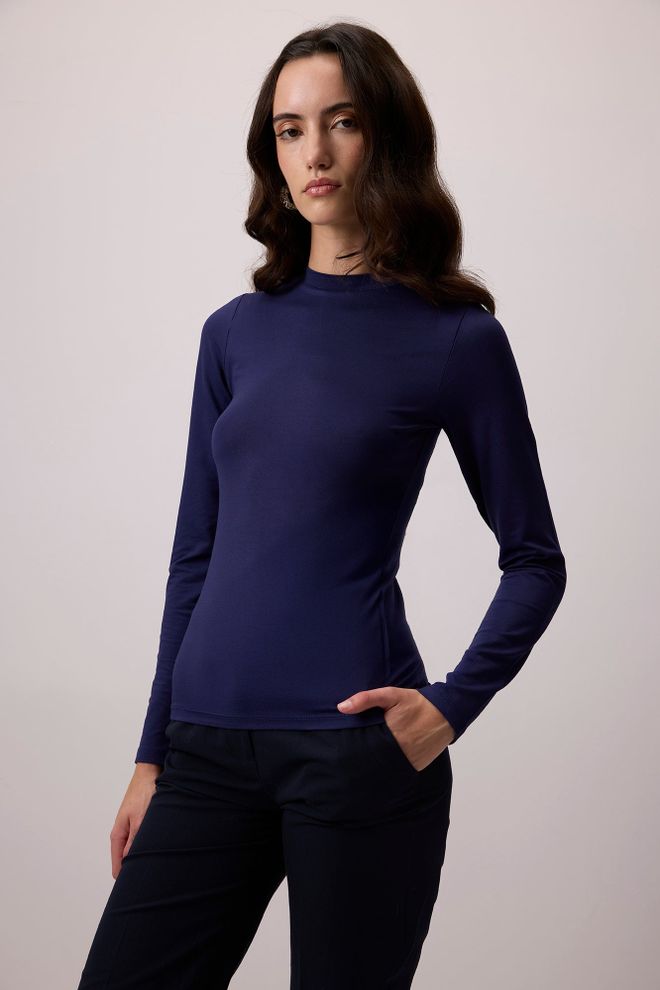 Touche Prive Bodi Mornarsko Modra Ozka Kroj Z Visokim Ovratnikom In Dolgimi Rokavi Oblačila na debelo 5