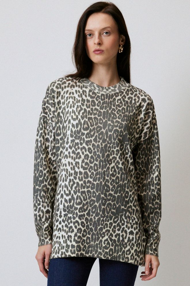 Touche Prive Beige Leopardenmuster Oversized Tunika Großhandelskleidung Lässig