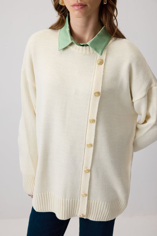 Touche Prive Beige Oversized Fit Sweater With Round Neck Wholesale Clothing 1