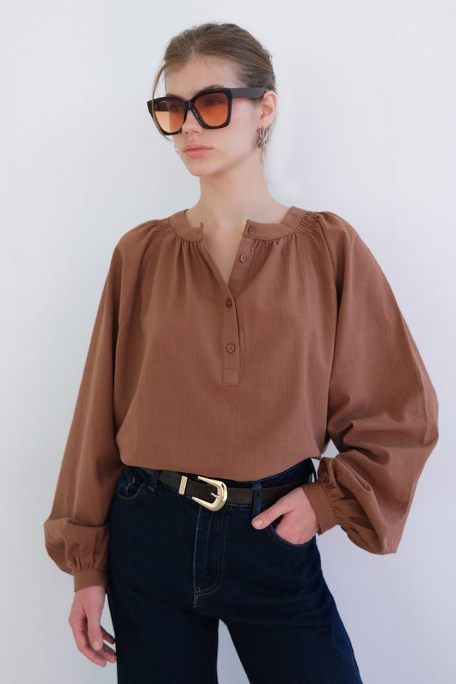 Touche Prive Túnica Castanha Casual Com Botões E Mangas Compridas Roupas por atacado Modesto