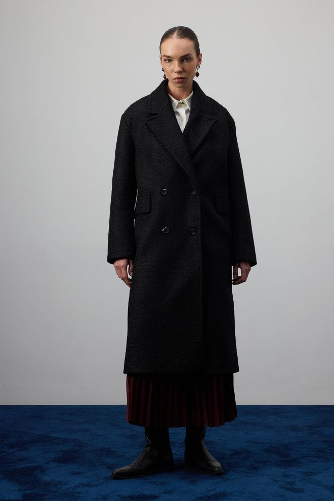 Touche Prive Siyah Zarif Çift Düğmeli Uzun Kaban Toptan Giyim Tesettür