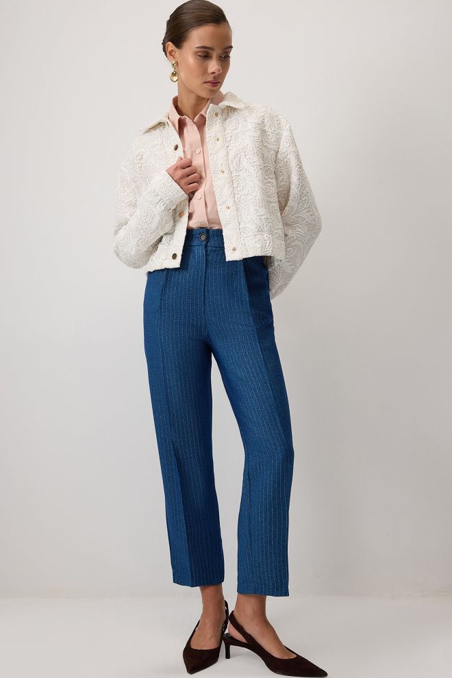 Touche Prive Mavi Resmi Zarif Nostaljik Gündelik Retro Pantolon Toptan Giyim Gündelik