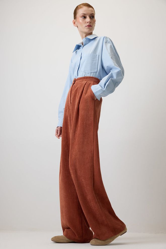 Touche Prive Kahverengi Nostaljik Zarif Palazzo Pantolon Toptan Giyim Gündelik