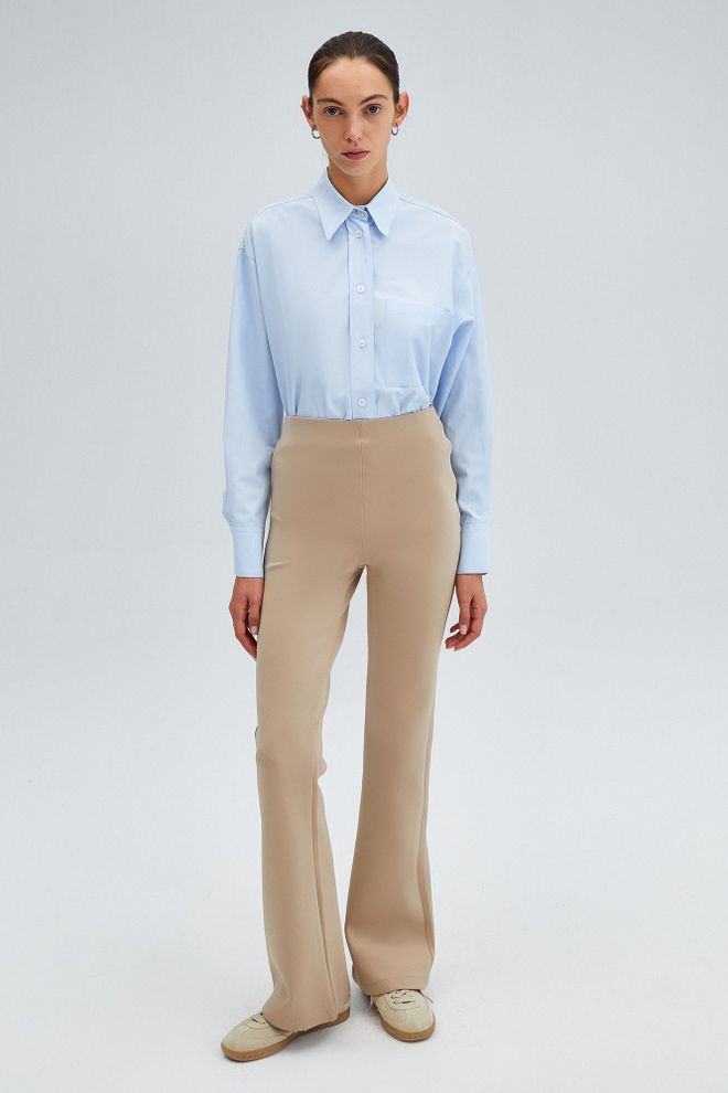 Touche Prive Bej Tapered/Havuç İspanyol Paça Pantolon Yüksek Bel Toptan Giyim Gündelik