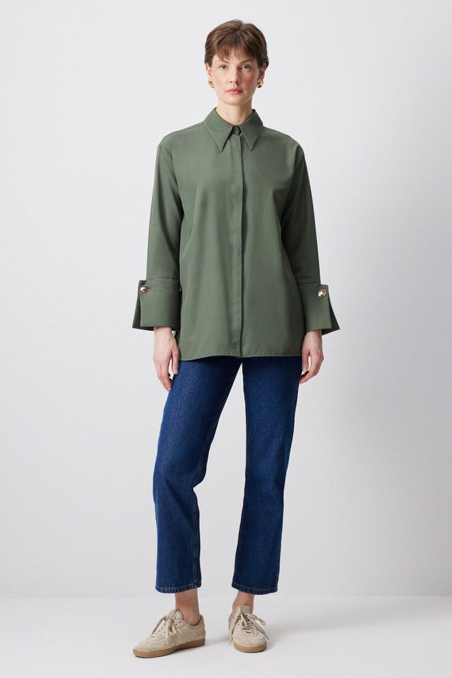 Touche Prive Zelená Košeľa S Polo Výstrihom A Gombíkmi Neformálna Formálna Elegantná Veľkoobchod s oblečením Doma