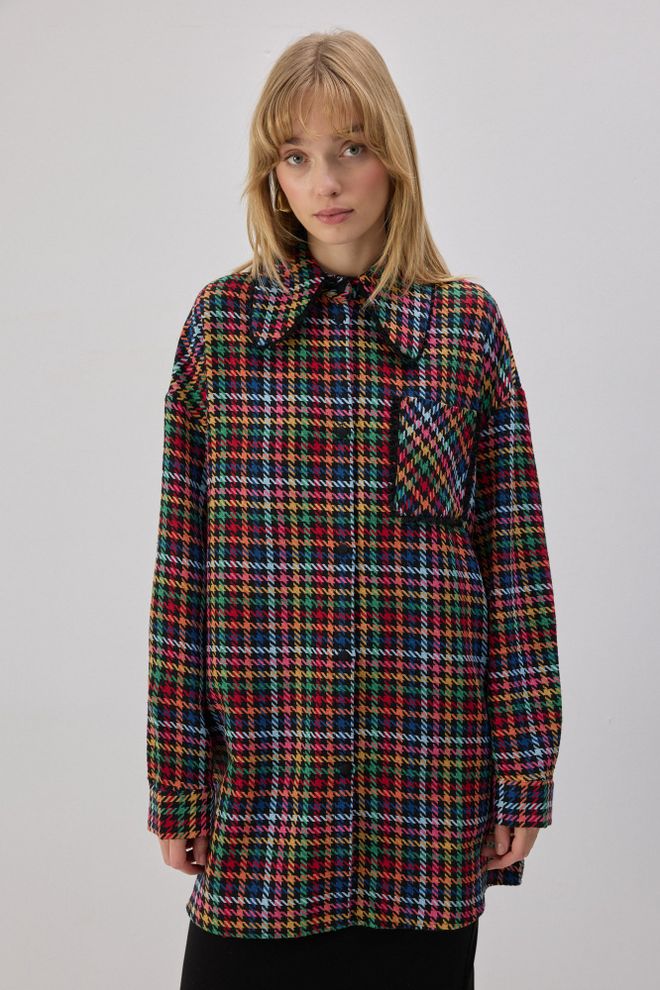 Touche Prive Черна Винтидж Каре Риза С Уголемена Кройка Дрехи на едро Небрежен