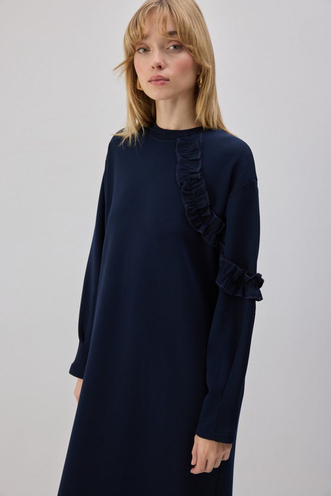 Touche Prive Mornarsko Modra Maxi Pulover Obleka Z Dolgimi Rokavi Oblačila na debelo Skromno