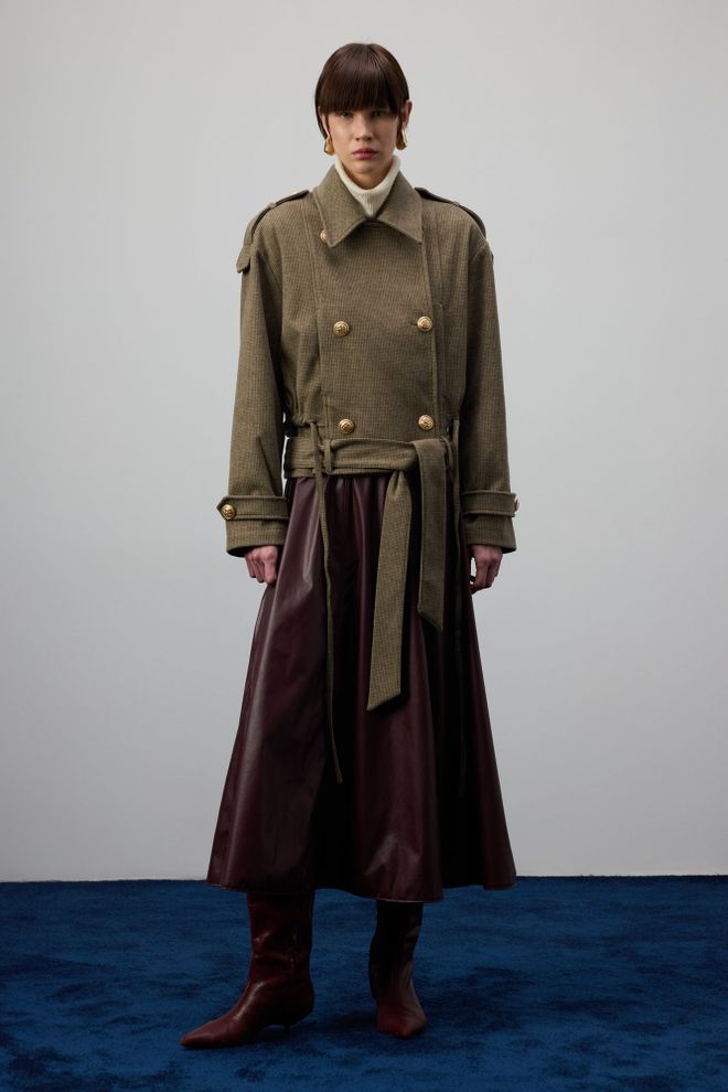 Touche Prive Haki Zarif Çift Düğmeli Kaban Toptan Giyim Gündelik