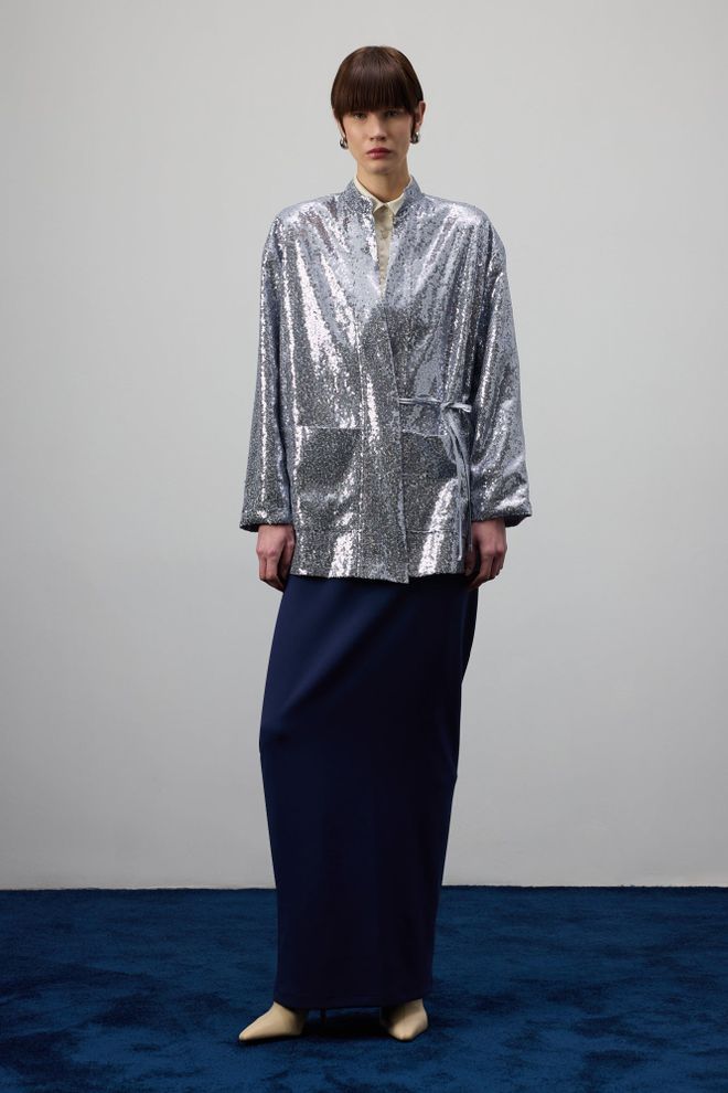 Touche Prive Gümüş Etnik Zarif Payetli Kimono Toptan Giyim Nostaljik