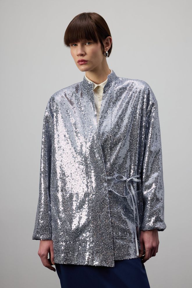 Touche Prive Silver Ethnic Elegant Sequined Kimono Wholesale Clothing Formal