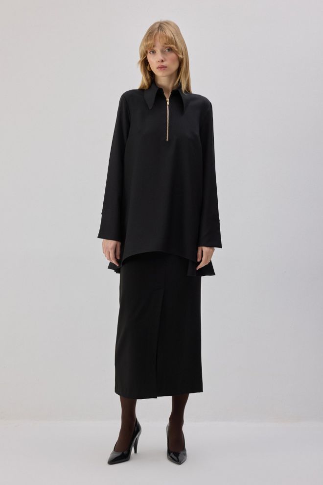 Touche Prive سترة أسود بلوزة بياقة بولو مقاس كبير ملابس بالجملة محتشم