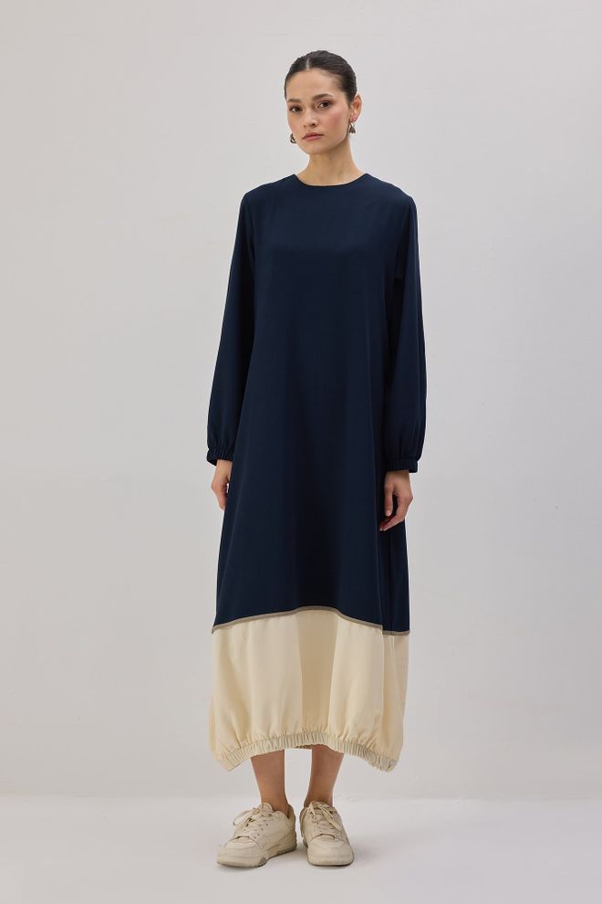 Touche Prive Lacivert Zarif Düz Elbise Uzun Kollu Toptan Giyim Tesettür