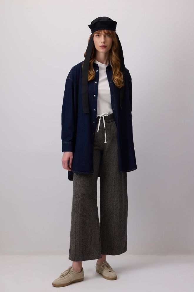 Touche Prive Pantaloni Palazzo Gri Cu Talie Înaltă Și Model Os De Pește Îmbrăcăminte cu ridicata Casual