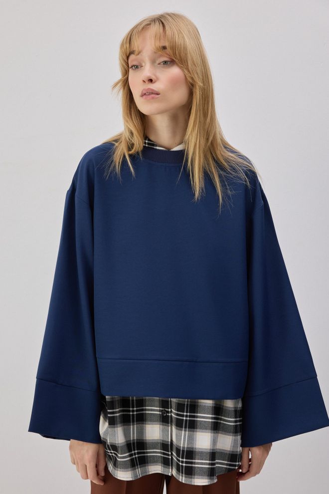 Touche Prive Lacivert Oversized Fit Kareli Bluz Toptan Giyim Tesettür