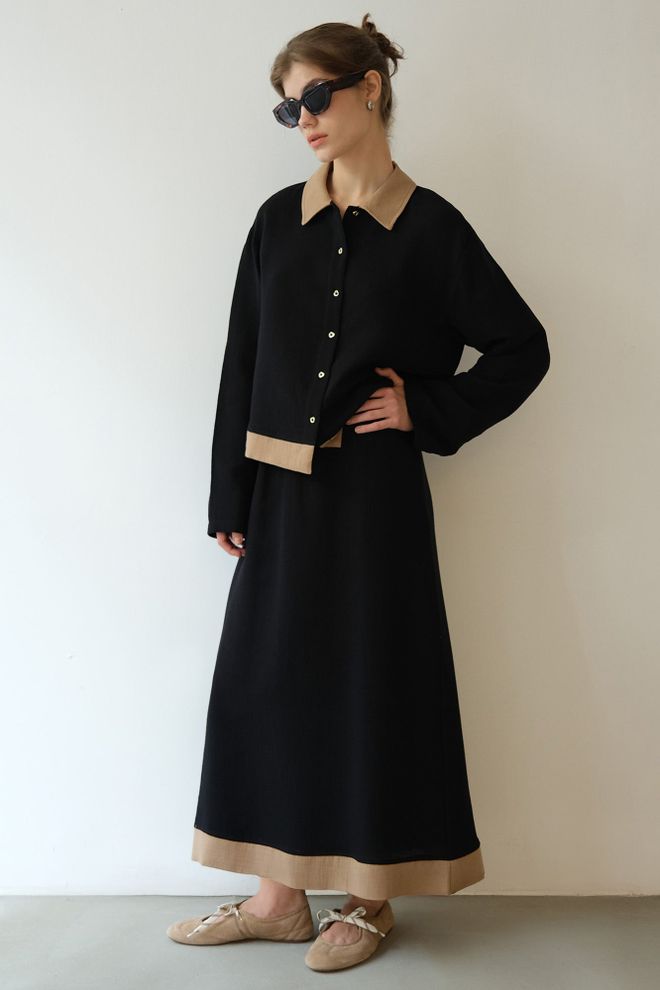 Touche Prive Costume Noir Élégant Avec Encolure Échancrée Et Jupe Maxi Vêtements en gros Modeste