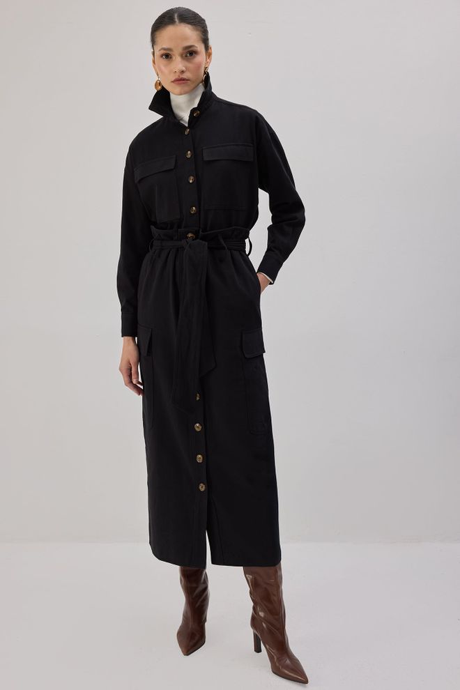 Touche Prive Siyah Yüksek Bel Paperbag Midi Etek Toptan Giyim Tesettür