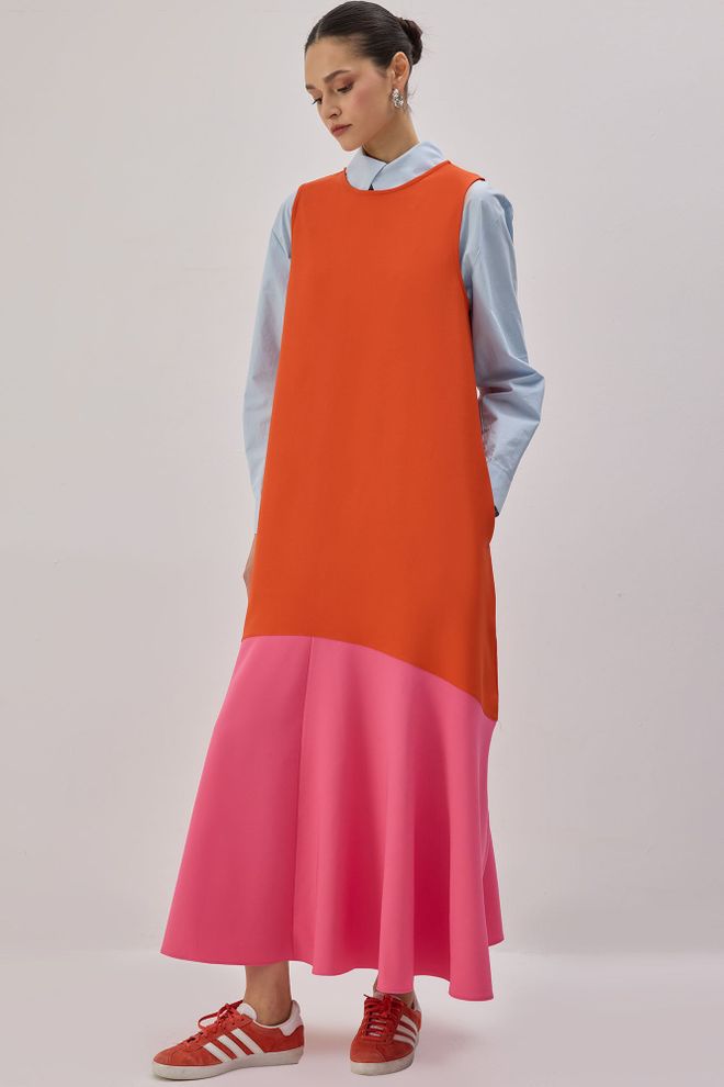 Touche Prive Oranžna Maxi Shift Obleka Z Barvnimi Bloki In Dolgimi Rokavi Oblačila na debelo Skromno