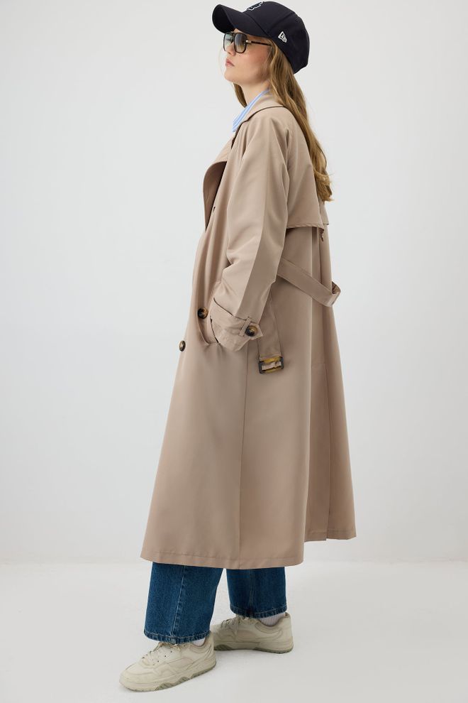 Touche Prive Bej Trençkot Şık Çift Düğmeli Düz Palto Toptan Giyim Gündelik