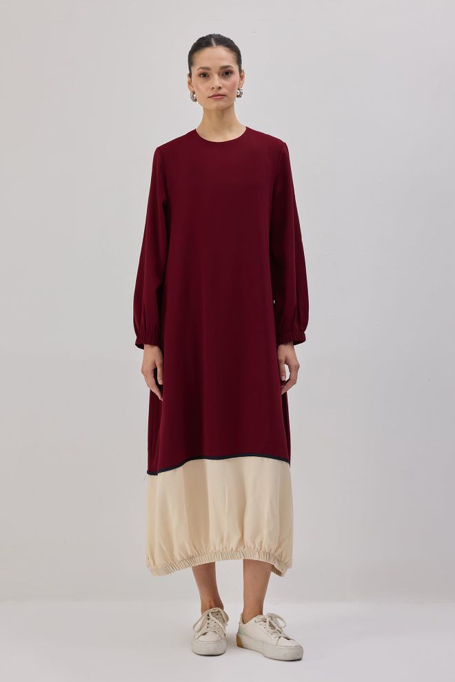 Touche Prive Bordo Düz Elbise Uzun Reglan Kolu İle Toptan Giyim Tesettür