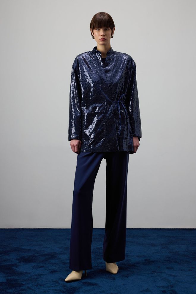Touche Prive Navy Blue Kimono Elegant Sequined Tie Closure Wholesale Clothing Cocktail