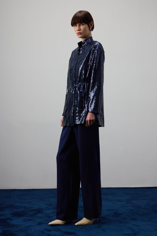 Touche Prive Lacivert Kimono Zarif Payetli Bağlamalı Kapatma Toptan Giyim Nostaljik